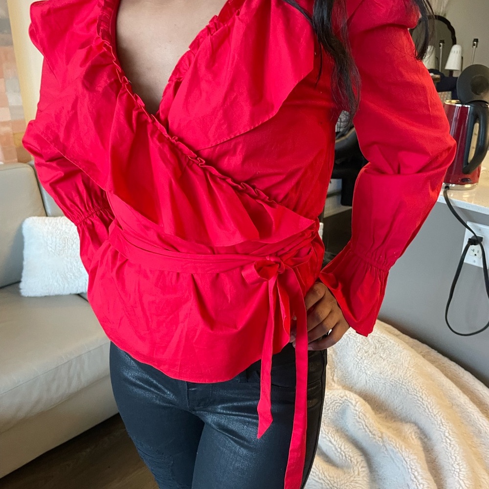 Rachel Parcell Red Ruffle Wrap Blouse - Picture 2 of 5